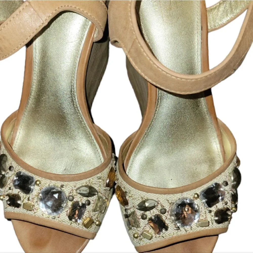 Coach Hanson Jeweled Bling Rhinestone Nude Brown Platform High Wedges Sandals 8